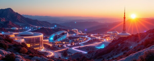 Fototapeta premium Futuristic Cityscape at Sunset