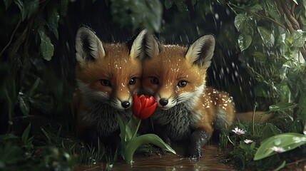 Two fox kits rest under a leafy archway, sharing a red tulip between their snouts as soft rain falls around them.  png