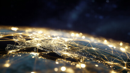 satellite. Satellite view of Earth with golden connection points, abstract digital networks against deep space. product launch decks.