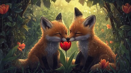 Two fox kits rest under a leafy archway, sharing a red tulip between their snouts as soft rain falls around them png