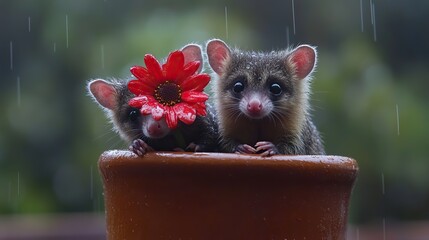 Two possums inside a flowerpot holding a red daisy, garden background blurred in rain, macro-level clarity, soft shadowing.  png