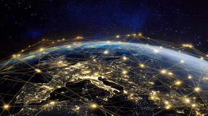 satellite. Satellite view of Earth with golden connection points, abstract digital networks against deep space. product launch decks.