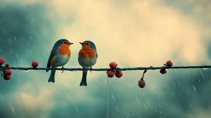 Two robins perched on a wire sharing a red blossom, rain dripping off the line, soft blue cloudy sky behind, macro sho png