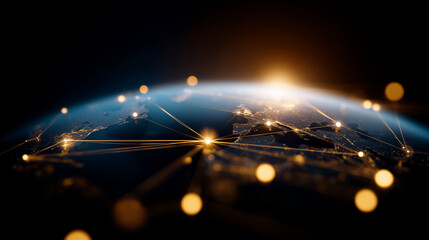 satellite. Satellite view of Earth with golden connection points, abstract digital networks against deep space. product launch decks.