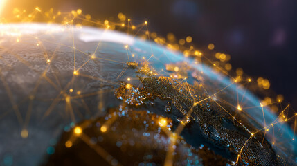 satellite. Satellite view of Earth with golden connection points, abstract digital networks against deep space. product launch decks.