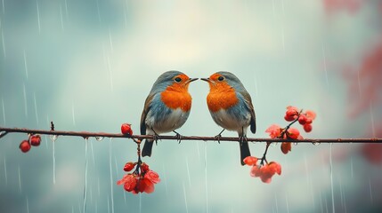 Two robins perched on a wire sharing a red blossom, rain dripping off the line, soft blue cloudy sky behind, macro shot, HDR in cinematic tones