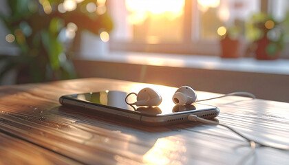 Sunlit Serenity: A smartphone and earbuds rest on a rustic wooden surface, bathed in the warm glow of the sun, creating a moment of digital tranquility and relaxation.