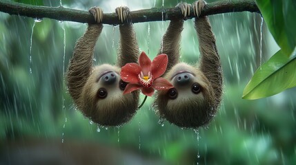 Two sloths hanging upside down from a wet branch with a red orchid between their paws