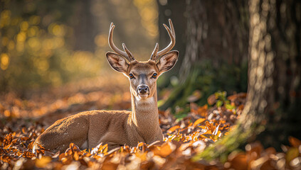 Wild brown buck with impressive antlers in a lush forest