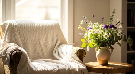 Sunlit room with a cozy armchair draped with a blanket and a vase of fresh wildflowers on a round table, evoking a sense of tranquility and home decor inspiration.