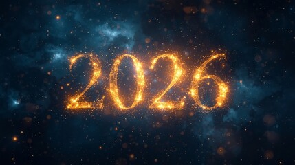 Glowing golden 2026 text with sparkling light effects on dark cosmic background galaxy, symbolizing new year celebration and festive design.