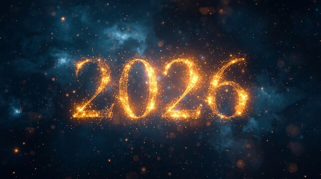 Glowing golden 2026 text with sparkling light effects on dark cosmic background galaxy, symbolizing new year celebration and festive design.