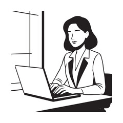 Black and white line art of a beautiful successful career woman working at desk with laptop illustration