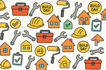 Construction Tools and House Icons Pattern with Hard Hats and Build Day Signs