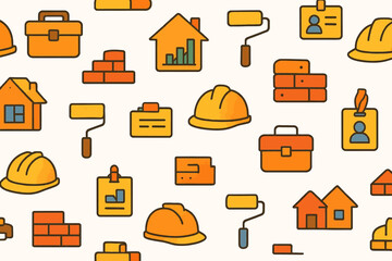 Construction and Home Improvement Pattern with Hard Hats Bricks and Tools