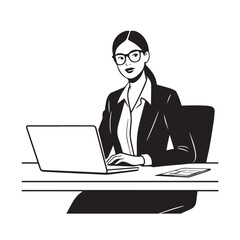 Black and white line art of a beautiful successful career woman working at desk with laptop illustration