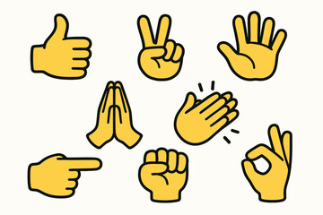 Collection of Cartoon Yellow Hand Gestures Showing Thumbs Up Peace Sign Clap Point and Okay Sign for Communication