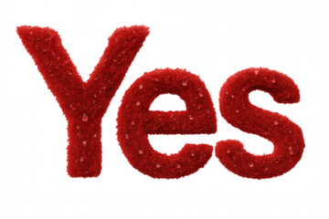 Red furry yes word with water drops, symbolizing agreement, positivity, and fluffy affirmation on transparent background