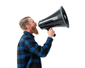 Man holding megaphone shouting isolated on transparency background, wearing blue plaid shirt, expressing emotion, communication, announcement, and urgency concept