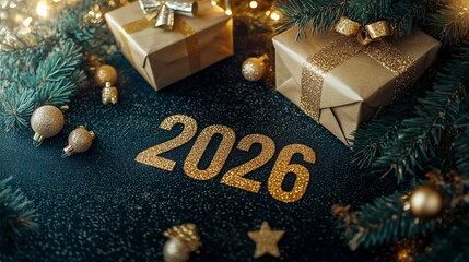 2026 Gold Gift Boxes and Christmas Ornaments for New Year, Holiday Celebration, Winter, Packaging, Home Decoration, Promotion