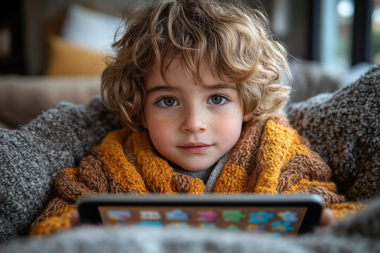 Curly-haired young boy smiling at camera. - Powered by Adobe