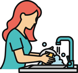 Woman Washing Dishes in Sink
