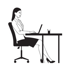 Black and white line art of a beautiful successful career woman working at desk with laptop illustration