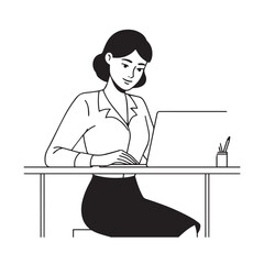Black and white line art of a beautiful successful career woman working at desk with laptop illustration