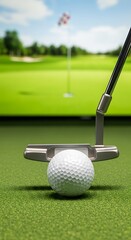 A golf putter hovers over a white golf ball on a vibrant green putting surface, with a blurred golf course background.