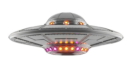 Shiny metal ufo hovers, isolated on transparent background in a studio shot