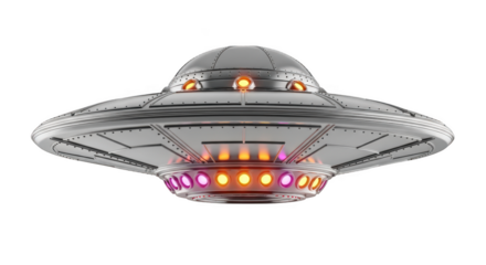 Shiny metal ufo hovers, isolated on transparent background in a studio shot