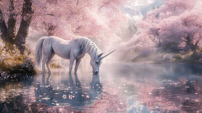 4. A gentle unicorn with lavender-tinted fur and a spiraled silver horn drinks from a crystal-clear lake 