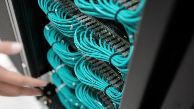 Close-up of a hand inspecting organized teal network cables connected to a server switch in a data center, highlighting IT infrastructure.