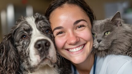 Smiling vet hugs a dog and a cat, looking at the camera. Perfect for veterinary clinic ads or pet care websites and articles.