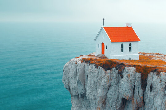 Small white house on a cliff with a red roof. - Powered by Adobe
