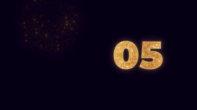 Elegant 10 seconds countdown with golden glitter numbers and festive fireworks exploding on a dark background. Perfect for New Year's Eve, celebrations, events, and special announcements.
