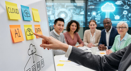 Businesswoman presenting on AI, cloud computing and data, pointing at sticky note with cloud symbol on whiteboard in a futuristic tech meeting with diverse group of colleagues behind