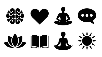 Set of vector wellness icons including meditation, heart, brain, lotus, book and sunshine
