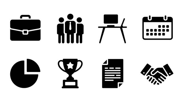 Set of vector business icons including briefcase, team, calendar, pie chart, trophy and handshake
