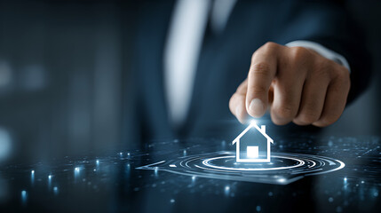 A business professional touching a holographic home icon on a digital surface.