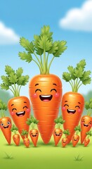 A group of cheerful cartoon carrots stand tall in a vibrant garden setting, their happy expressions adding a fun touch to the scene.