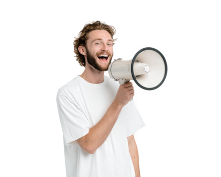 Smiling young man holding megaphone, wearing casual white t shirt, isolated on transparency background, expressing excitement and communication concept