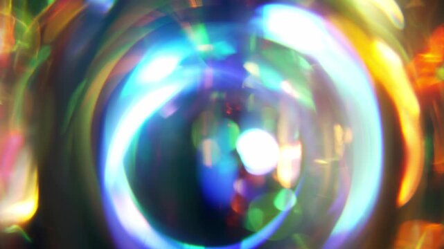 The vortex of Lights. A shining sphere glows with rainbow colors. Soft bokeh lights shimmer in the background.
