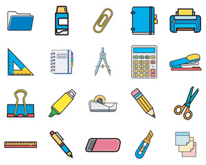 Lineal color stationery and office icon set with 20 essential school business and work tools