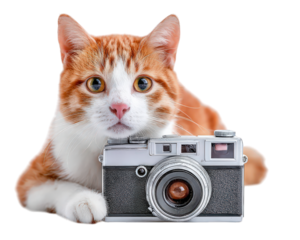 Orange cat white fur holding camera vintage style isolated transparency background curious expression animal photography pet portrait playful mood