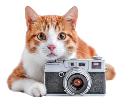 Orange cat white fur holding camera vintage style isolated transparency background curious expression animal photography pet portrait playful mood