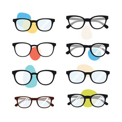 Collection of eight pairs of eyeglasses with colorful abstract shapes.