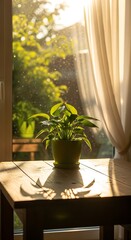A lush houseplant sits on a wooden table, bathed in warm sunlight streaming through a window with sheer curtains.