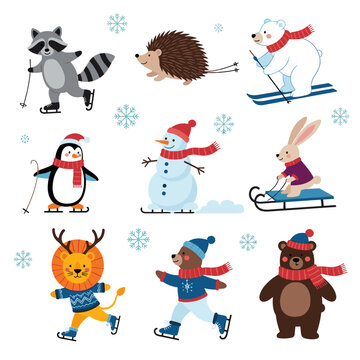 Cute Winter Animals Having Fun Skiing Skating and Sledding.