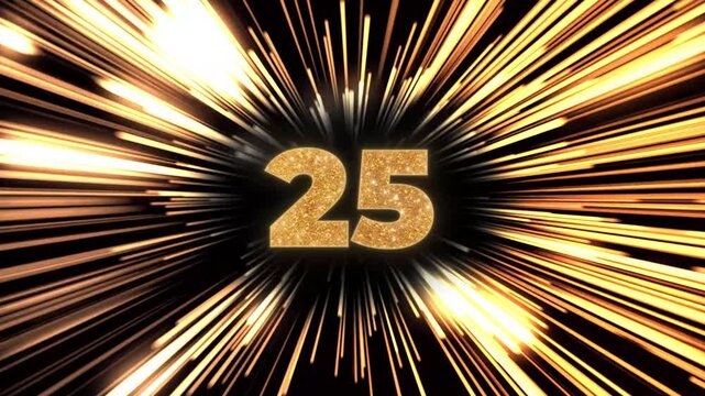 Glamorous 30 seconds countdown with golden glitter numbers and sparkling light rays exploding on a black background. Festive animation for New Year's Eve, events, and celebrations.